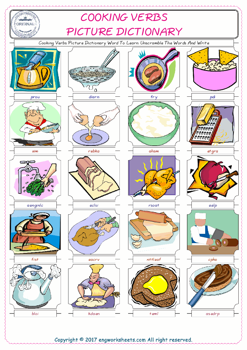  Cooking Verbs ESL Worksheets For kids, the exercise worksheet of finding the words given complexly and supplying the correct one. 